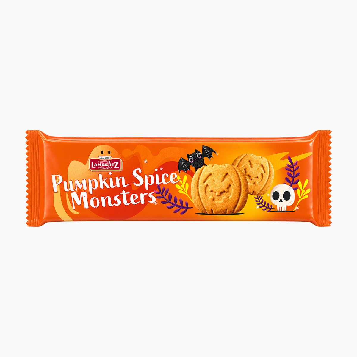 Lambertz Pumpkin Spice Monsters cookies packaging on a light gray background.