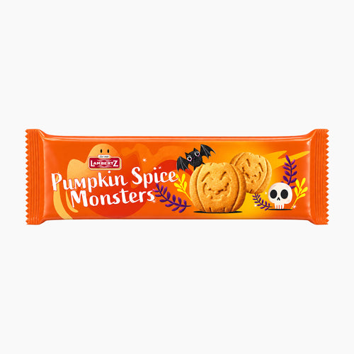 Lambertz Pumpkin Spice Monsters cookies packaging on a light gray background.