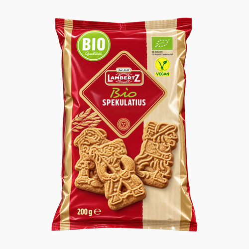 A 200g package of Lambertz Bio Spekulatius Organic Speculoos cookies, featuring red and beige packaging with illustrations of the decorated flatbreads and organic certification logos.