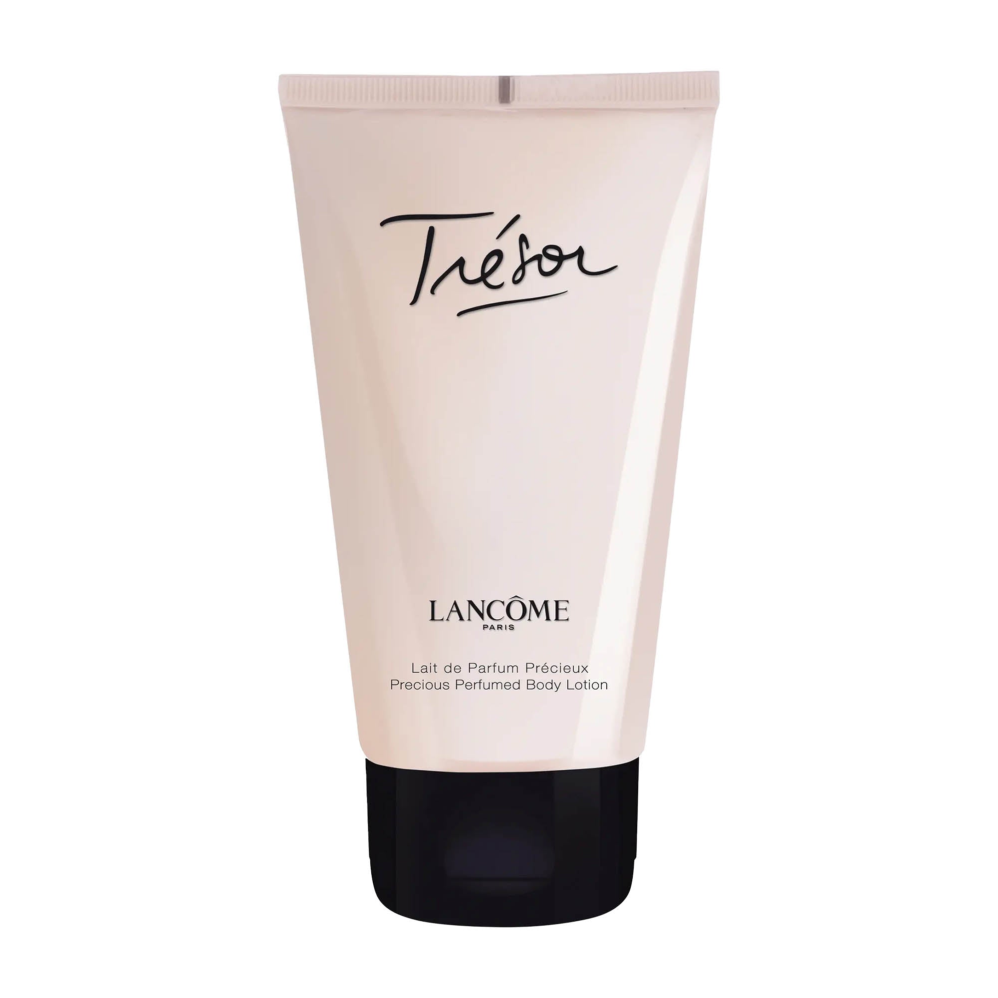 Lancome Tresor perfumed body lotion tube on a white background