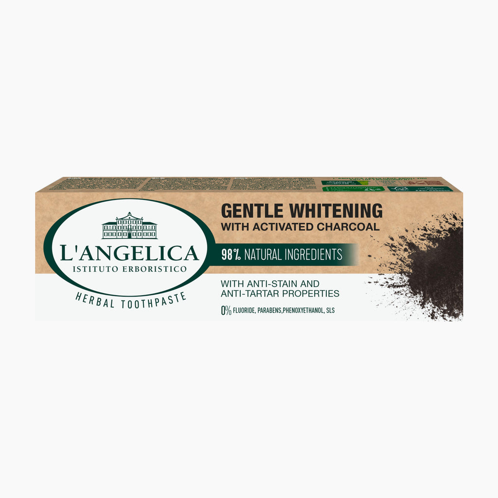 L'Angelica Gentle Whitening herbal toothpaste box with activated charcoal, shown on a plain white background.