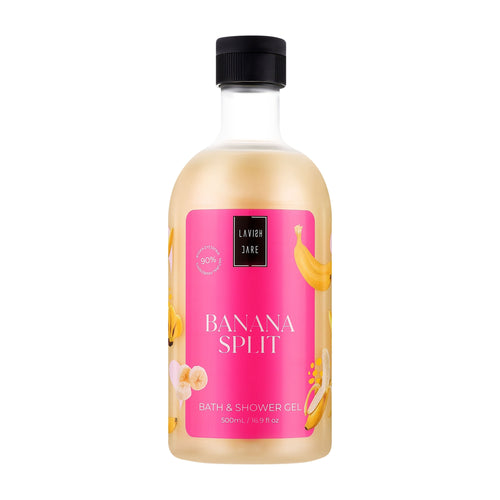 Bottle of Lavish Care Banana Split bath and shower gel on a white background