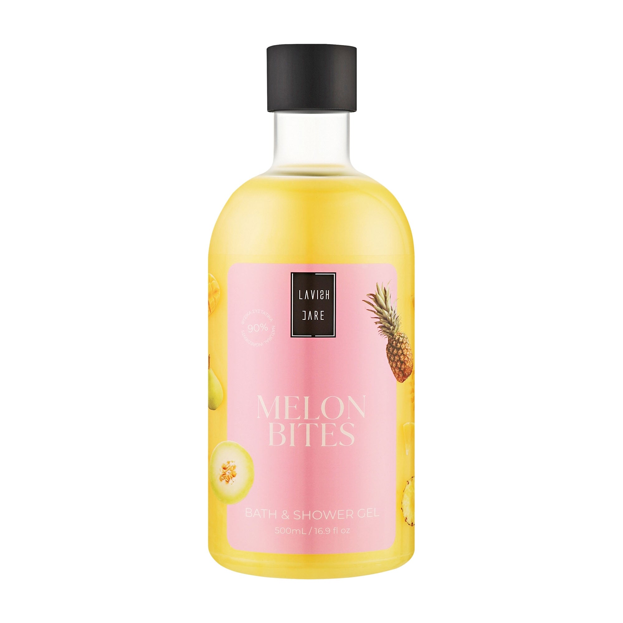 Bottle of Lavish Care Melon Bites bath and shower gel on a white background