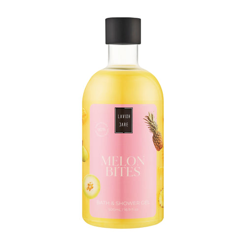 Bottle of Lavish Care Melon Bites bath and shower gel on a white background