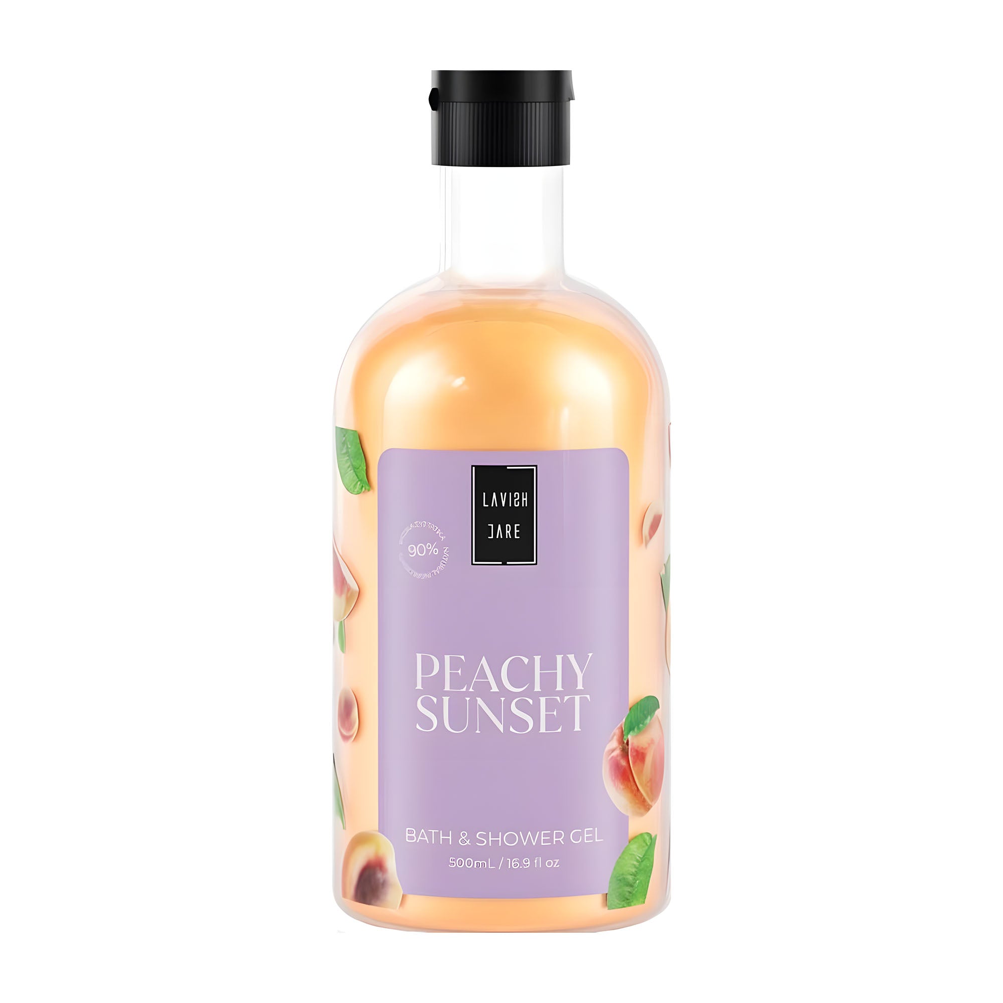 Bottle of Lavish Care Peachy Sunset bath and shower gel on a white background