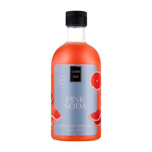 Bottle of Lavish Care Pink Soda bath and shower gel on a white background
