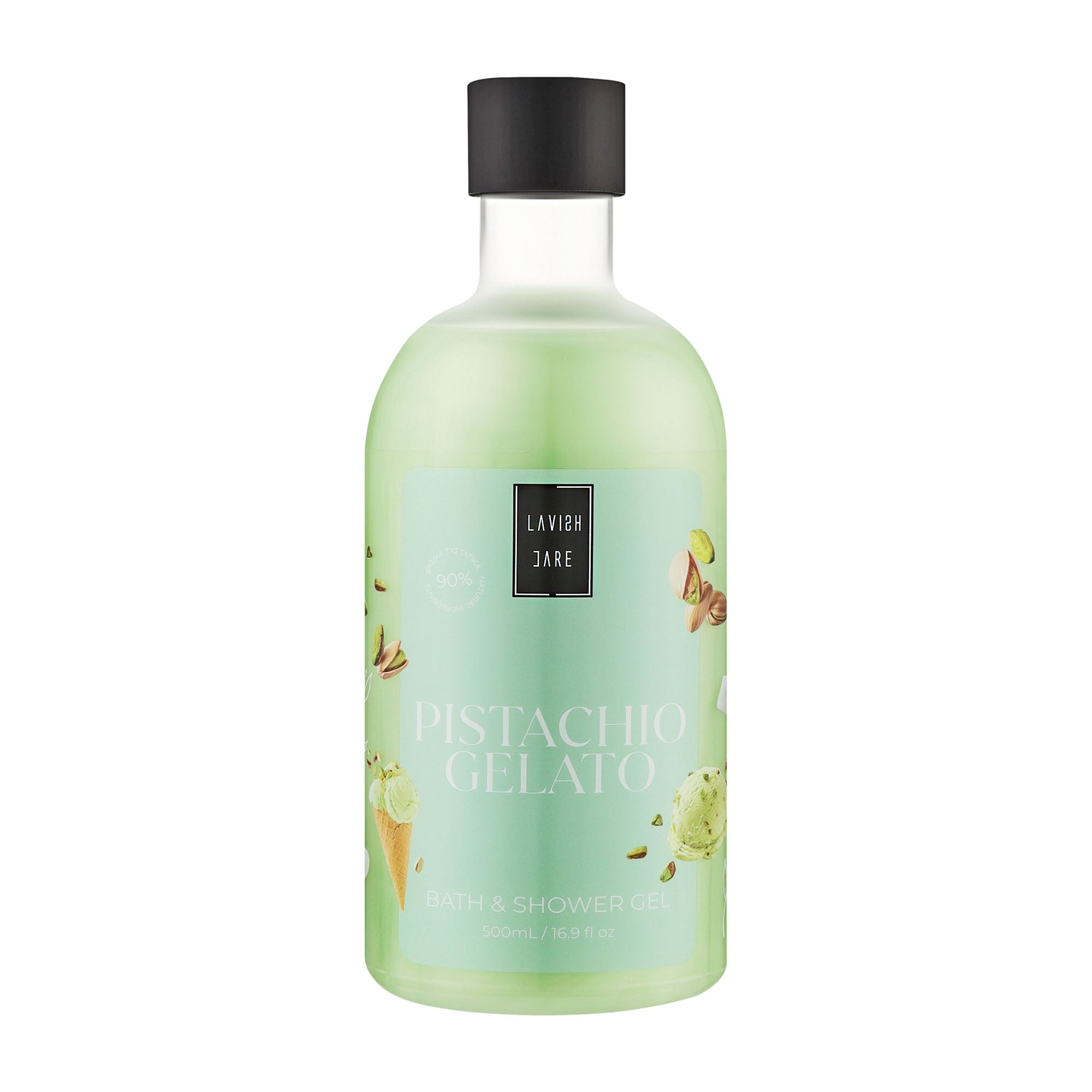 Bottle of Lavish Care Pistachio Gelato bath and shower gel on a white background