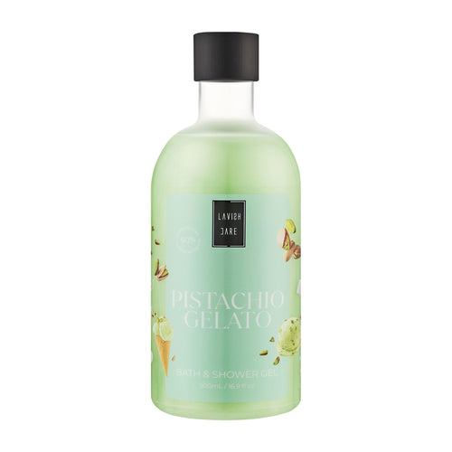 Bottle of Lavish Care Pistachio Gelato bath and shower gel on a white background