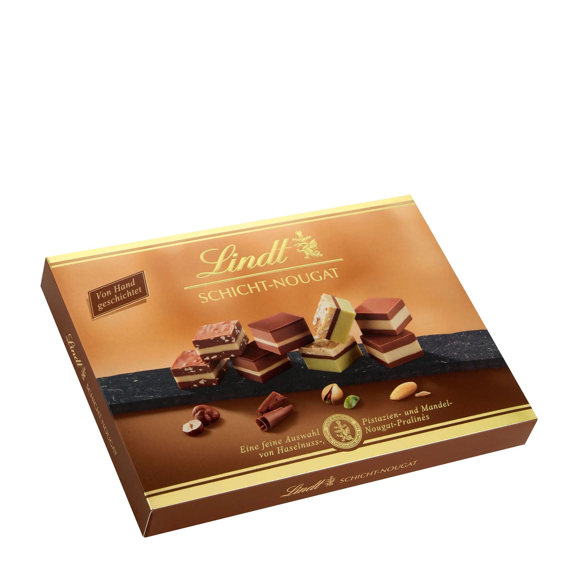 Lindt Layered-Nougat pralines box on a white background
