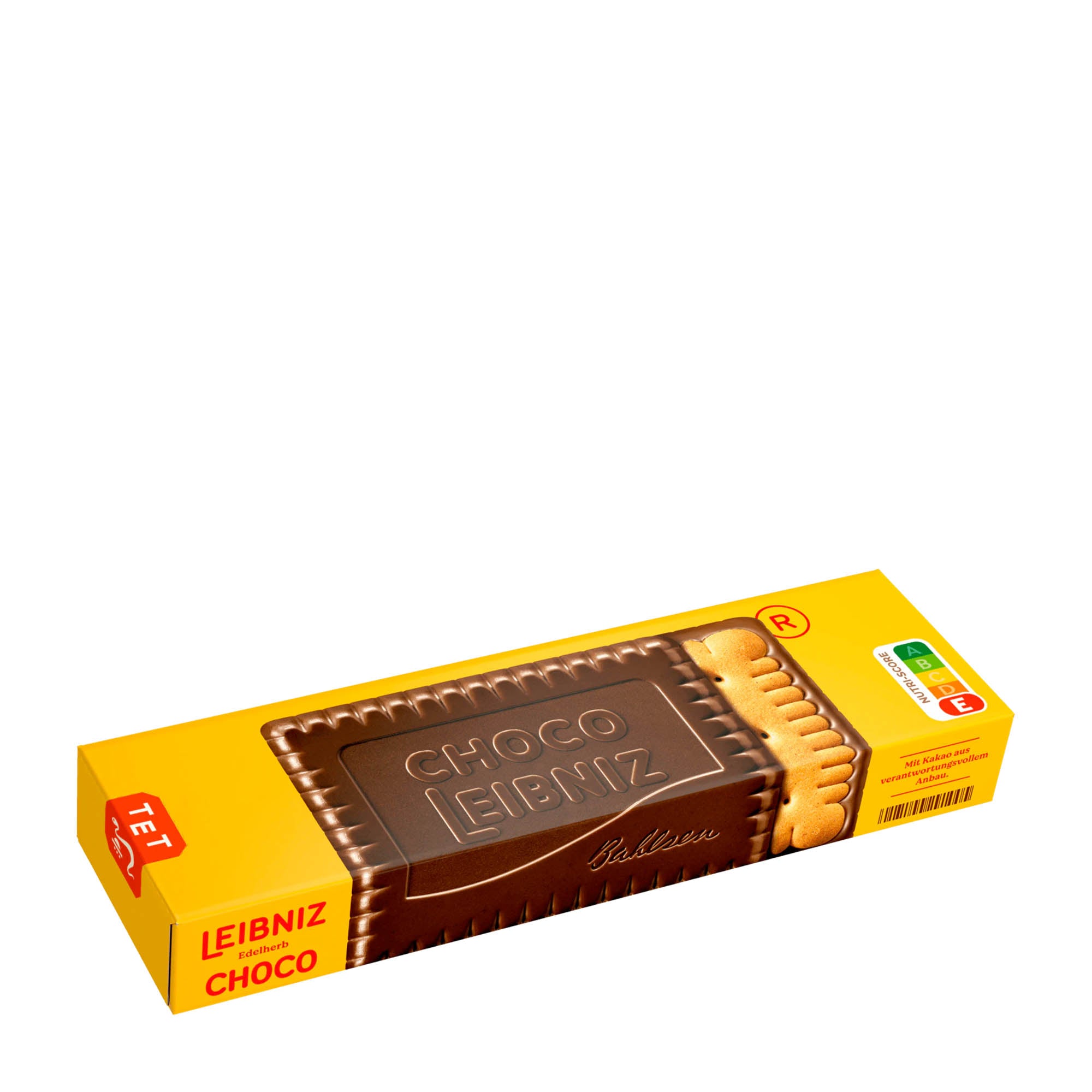 Packaging of Leibniz Choco Dark butter biscuit, showing the product name and a picture of a chocolate covered biscuit, with UTZ Certified seal and nutrition information.