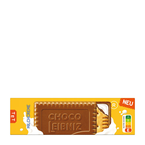 A package of Leibniz Choco Milk Cream biscuits on a plain white background. The packaging is bright yellow with a depiction of a chocolate-coated biscuit in the center, white splash graphics, and red accents including a 'TET' label.