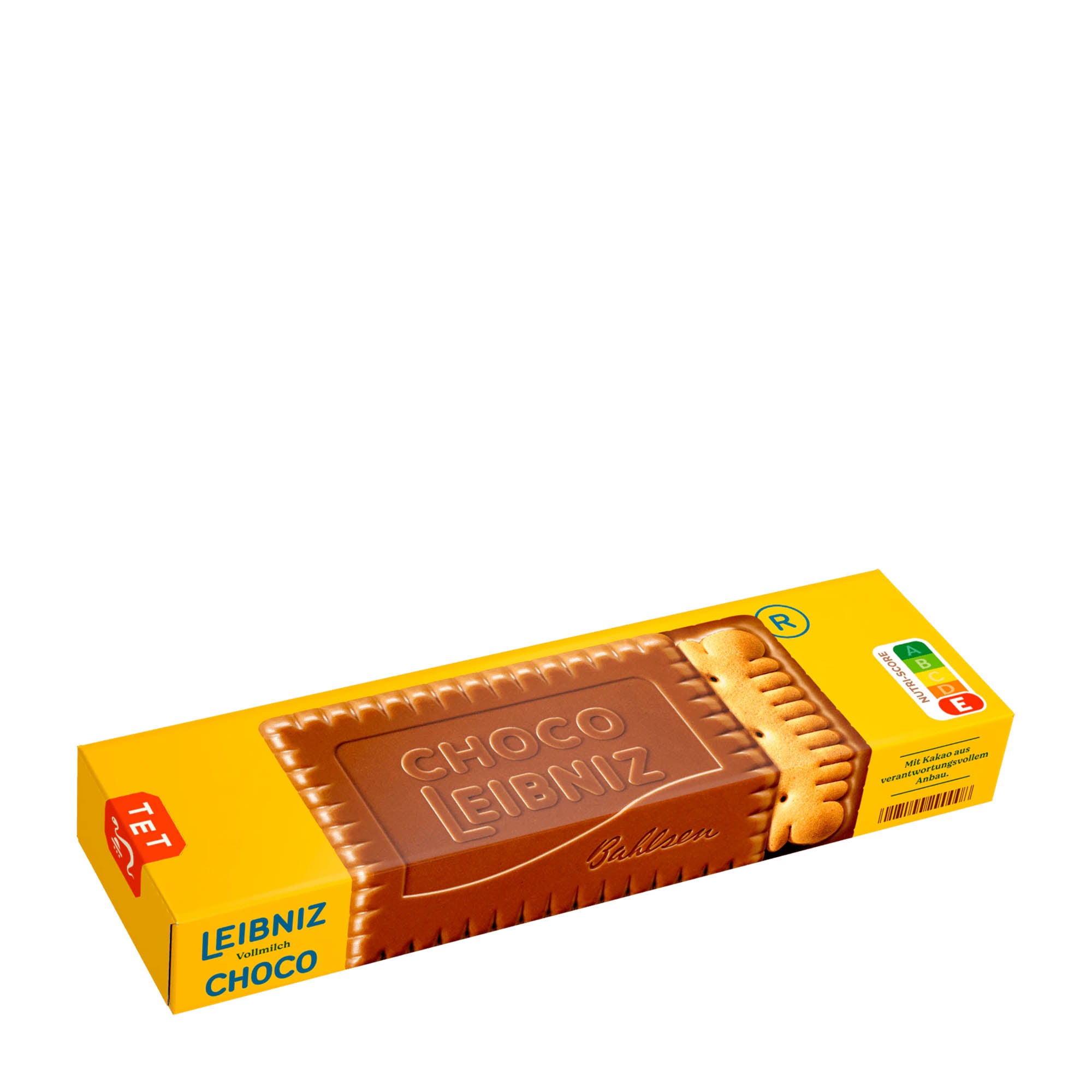 Packaging of Leibniz Choco Milk butter biscuit, showing the product with chocolate on top and the brand name in bold letters.