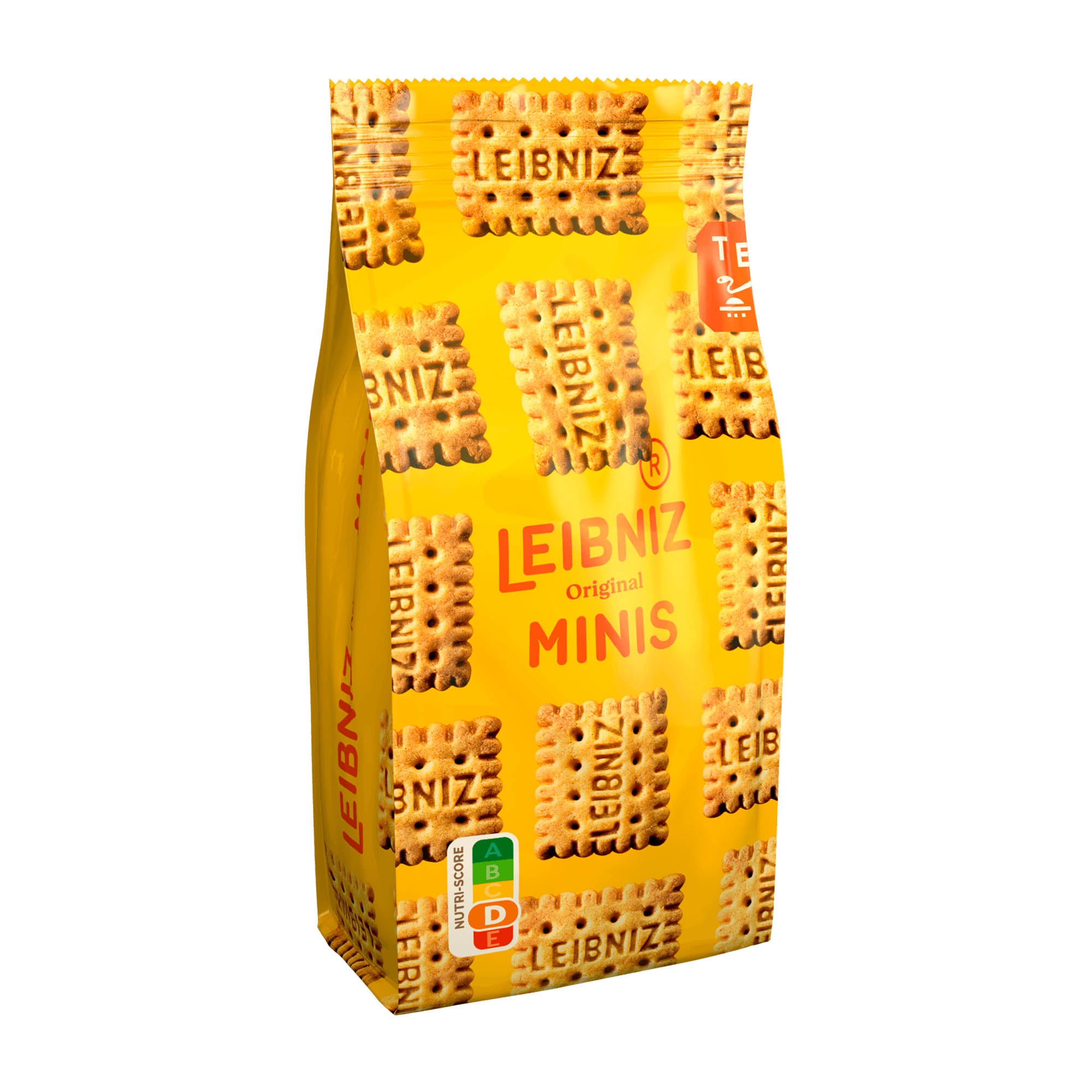 Packaging of Leibniz Minis Original butter biscuit, showing the product name and images of the mini biscuits in a yellow and white design.