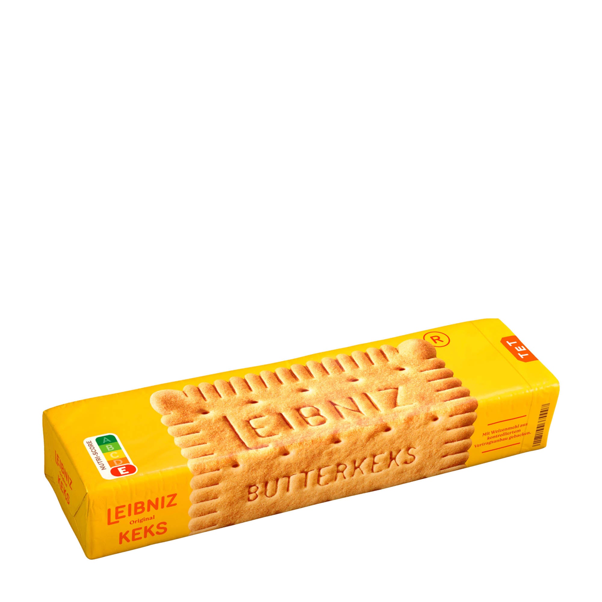 A pack of Leibniz Original butter biscuits, 200 g, with a yellow packaging featuring the brand name and butter images.