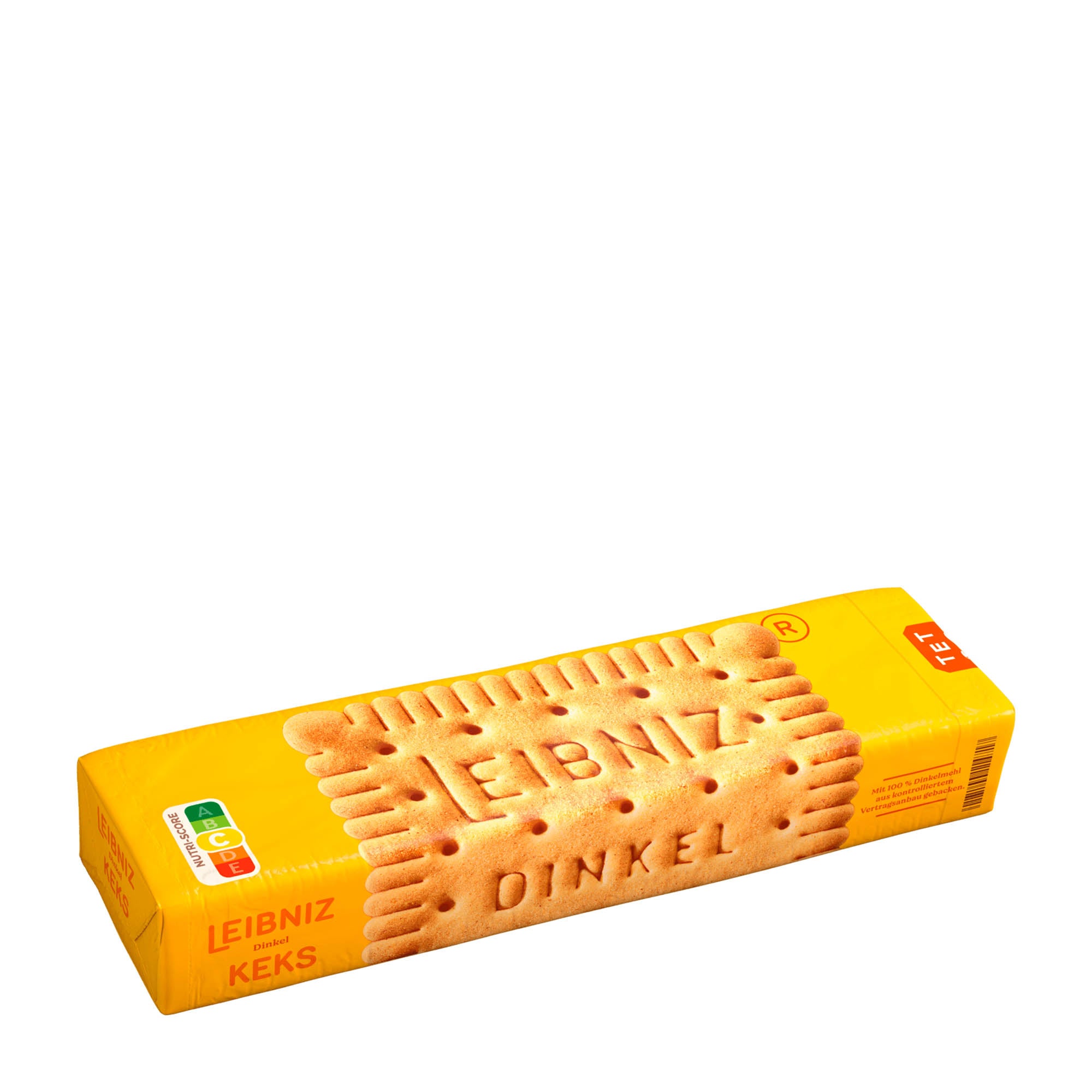 A pack of Leibniz spelt biscuits, with the brand's logo visible on the yellow packaging.