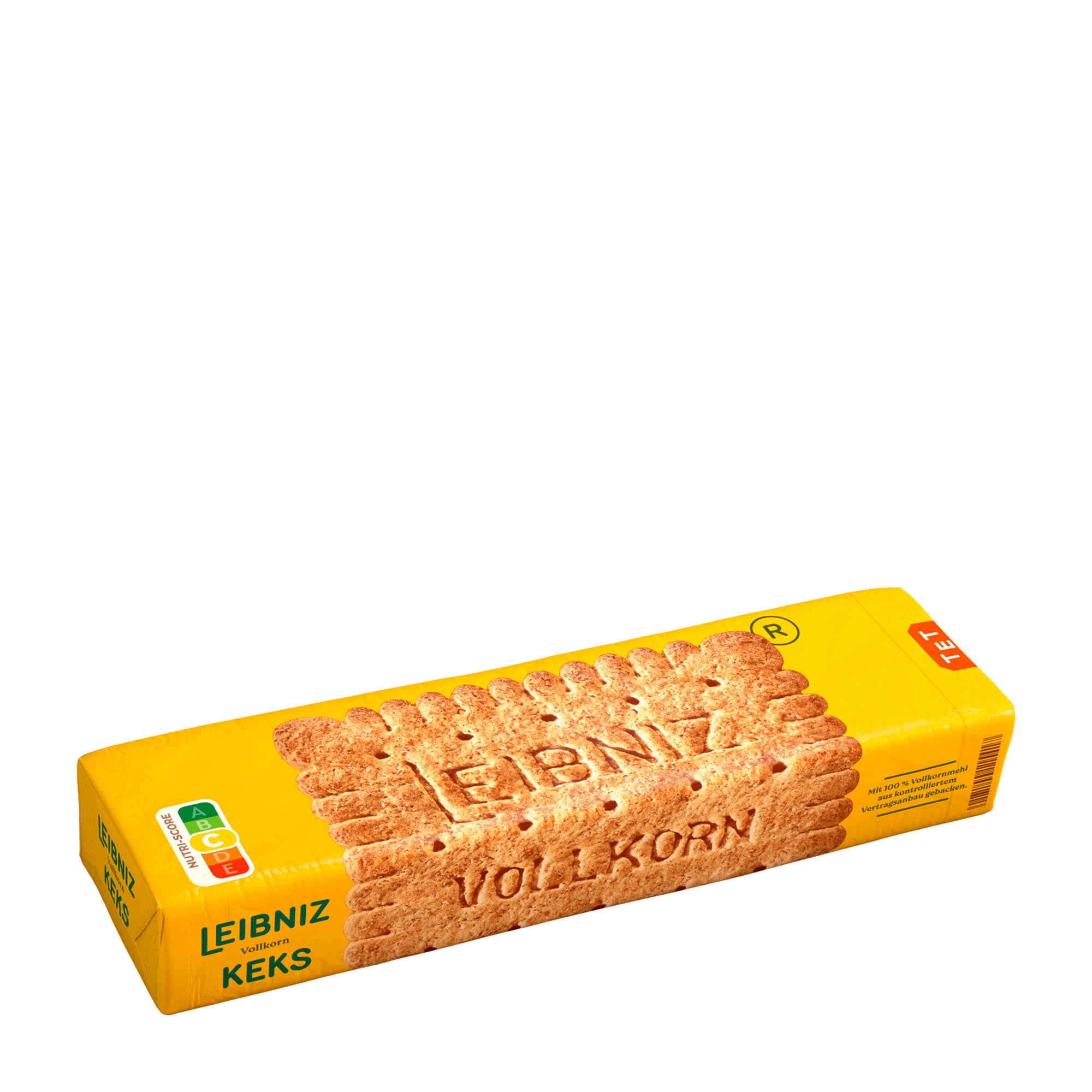 A pack of Leibniz whole grain biscuits, 200 g, with the brand name and product information displayed on the packaging.