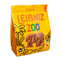 Packaging of Leibniz Zoo Cocoa butter biscuit, featuring a colorful illustration of an elephant and other wild animal shapes, with a predominantly yellow background.