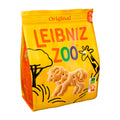Packaging of Leibniz Zoo Original butter biscuits featuring animal shapes such as a giraffe, lion, and camel with a yellow background.