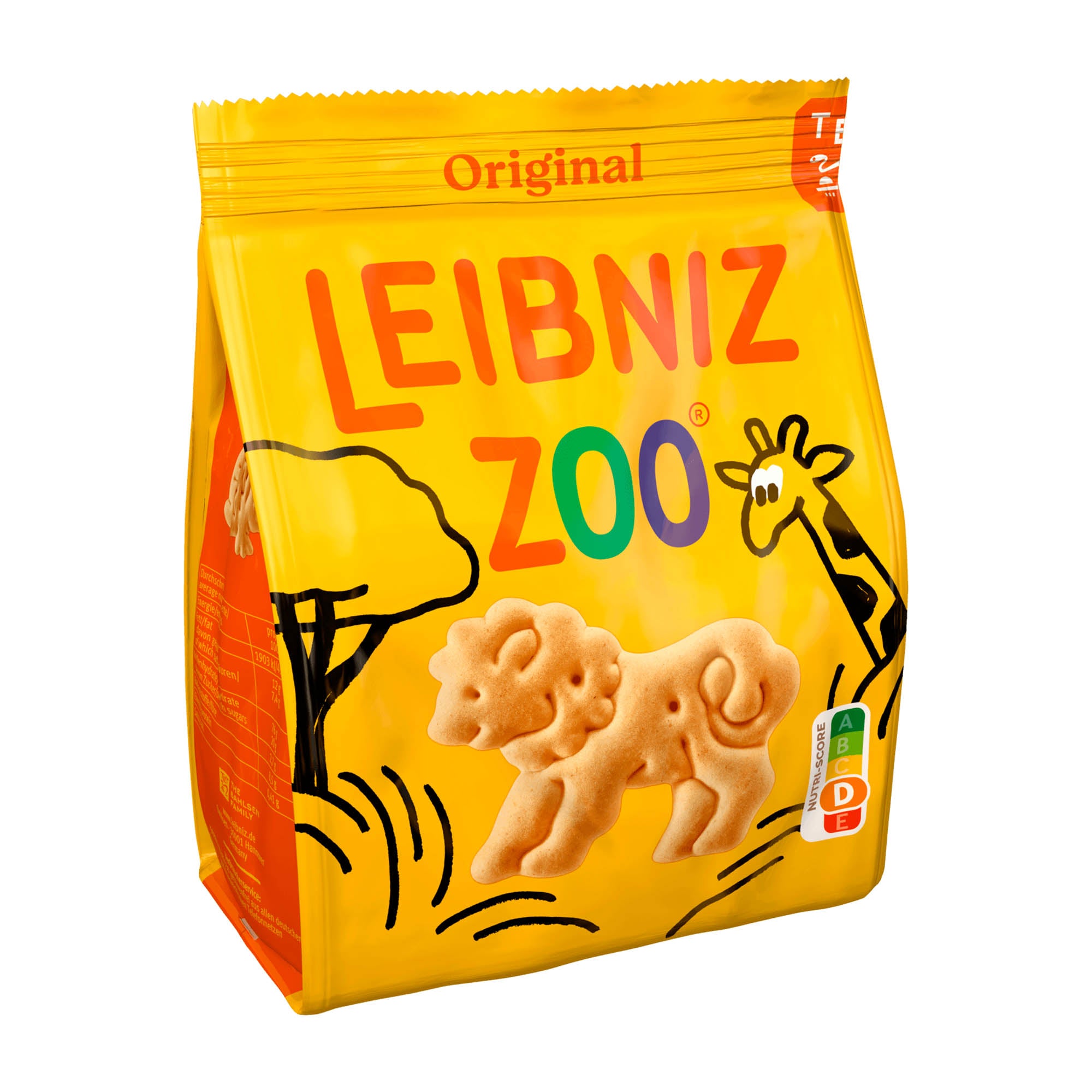 Packaging of Leibniz Zoo Original butter biscuits featuring animal shapes such as a giraffe, lion, and camel with a yellow background.
