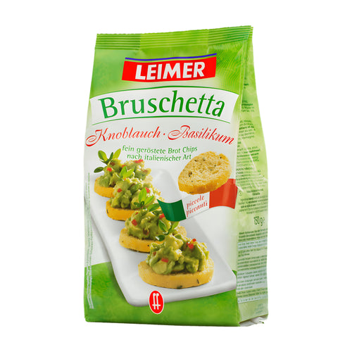 Leimer Bruschetta Garlic & Basil bread chips packaging on a white background