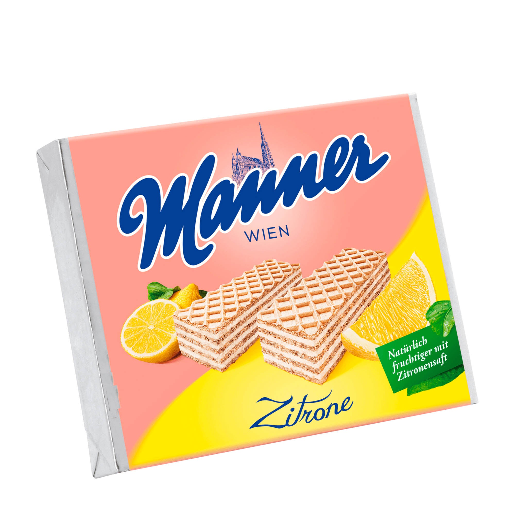 Packaging of Manner Lemon Wafer Bars showing the brand logo, lemon slices, and wafer bars.