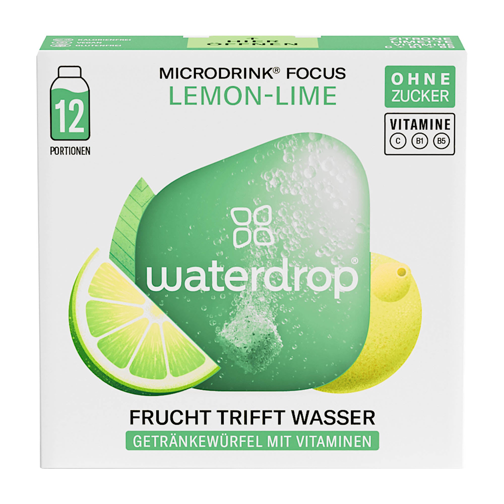 A box of waterdrop Microdrink Focus lemon & lime hydration cubes, featuring an image of a lemon and lime on a green background, with text highlighting the flavor and vitamins.
