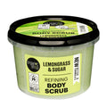 A container of Organic Shop lemongrass and sugar refining body scrub with the label showing the product name and certification logos.