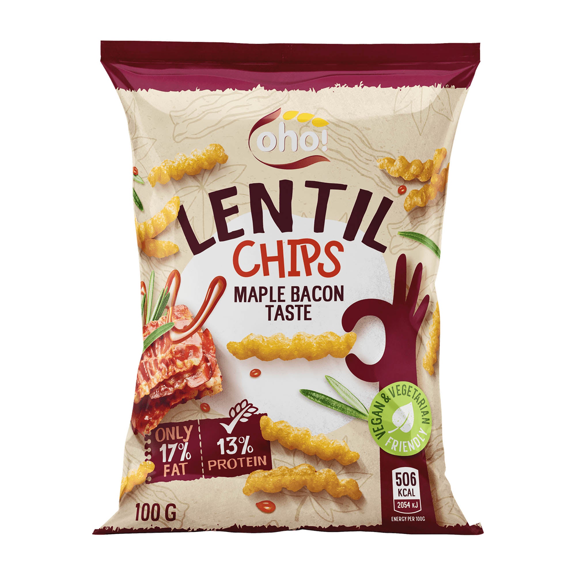 oho lentil chips maple bacon taste packaging