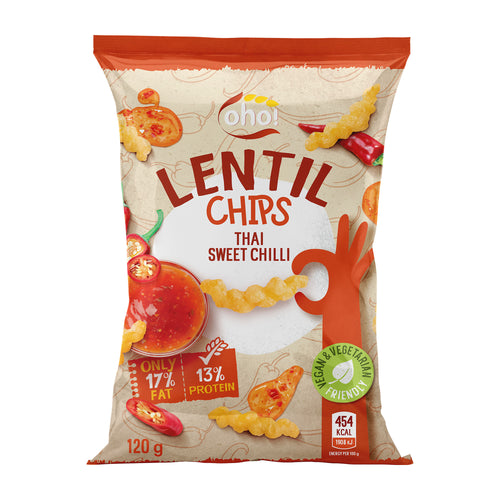 Packaging of Lentil Chips Thai Sweet Chilli flavor with OHO! brand logo and nutritional information.