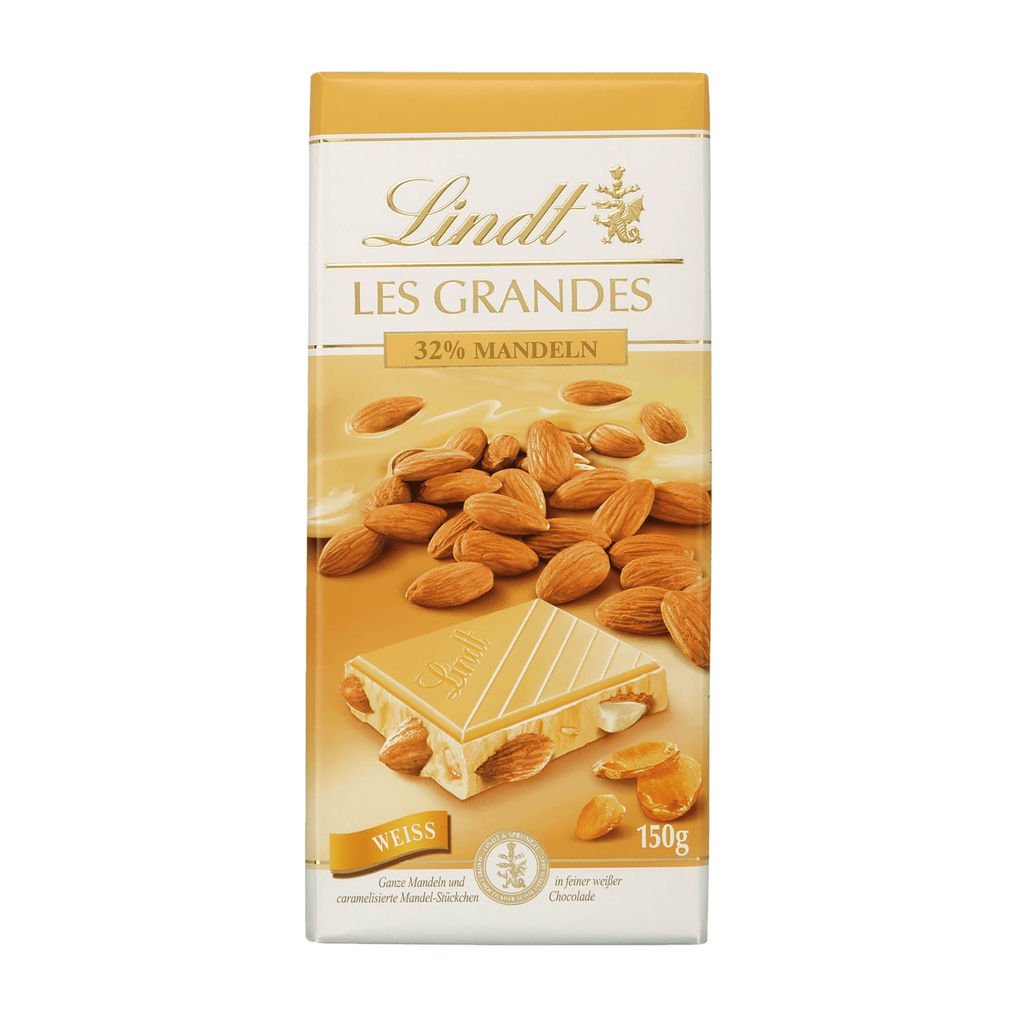 Packaging of Lindt Les Grandes 32% Almond White Chocolate Bar, showing the bar and almonds with the product name and weight indicated.