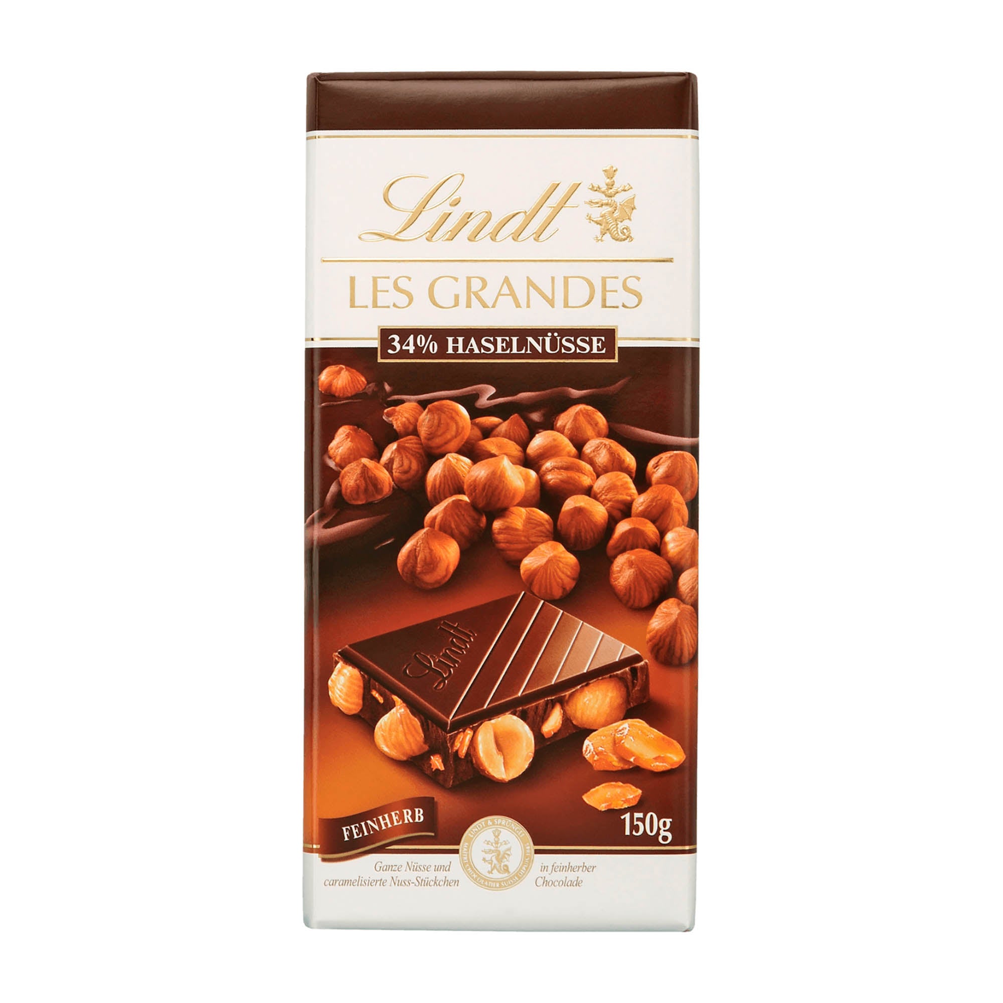 Packaging of Lindt Les Grandes 34% Hazelnut dark chocolate bar, showing the bar and hazelnuts on a brown background.