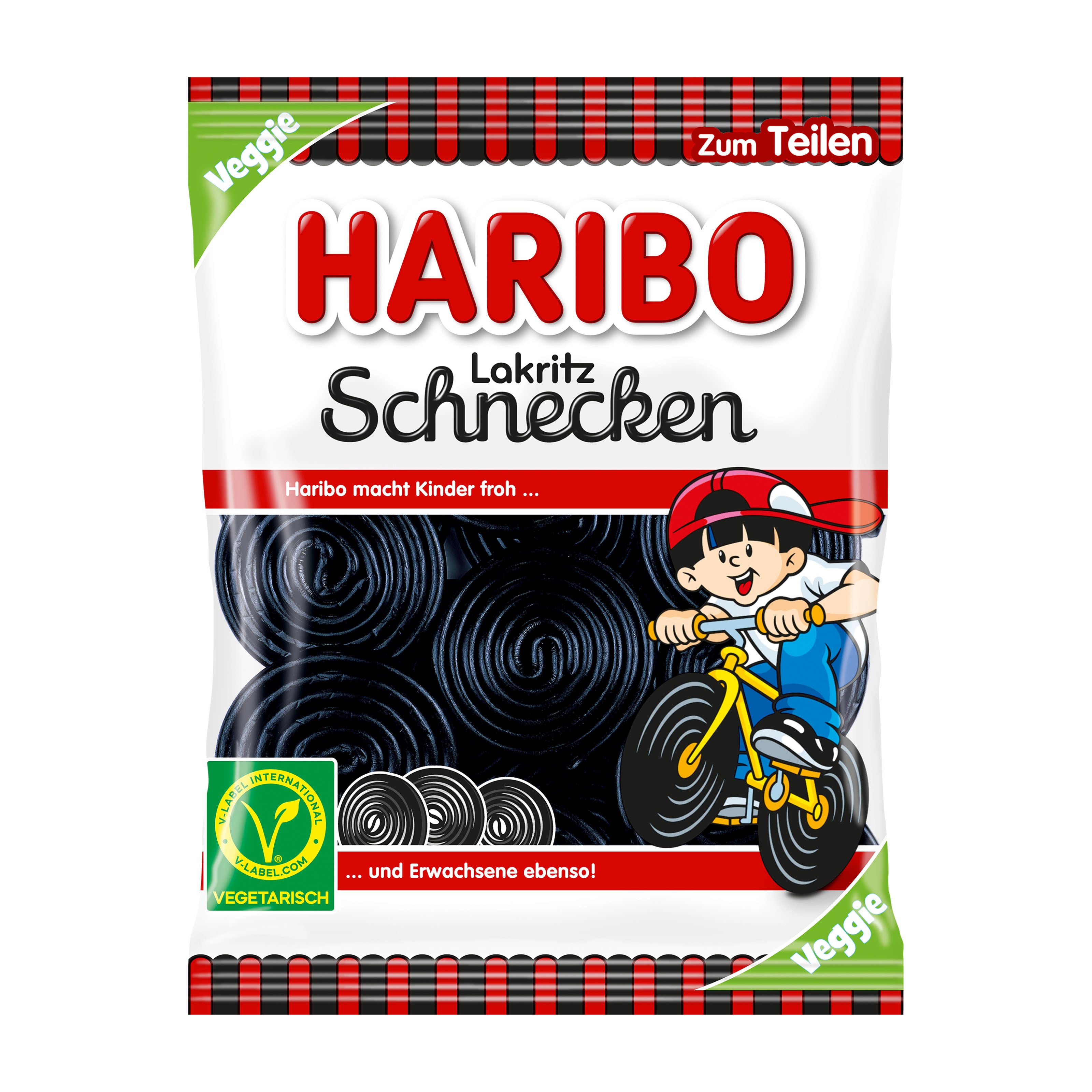 Haribo Licorice Snails candy package with a child on a bike illustration
