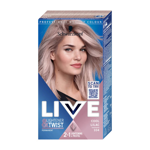 Schwarzkopf Live Lightener & Twist 104 hair color box with a model featuring cool lilac hair.