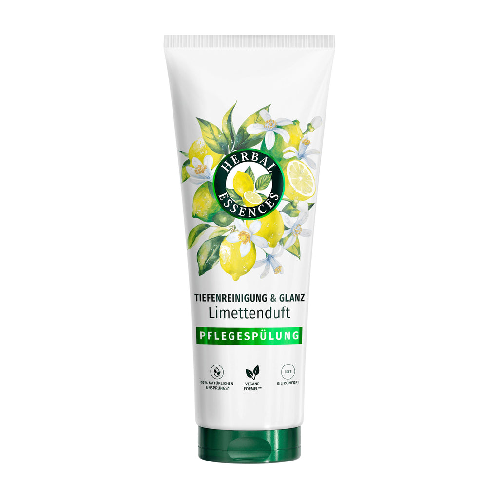 Tube of Herbal Essences Lime Scent Conditioner with lemon and flower design on a white background