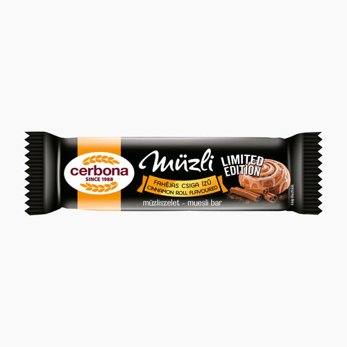 A Cerbona Limited Edition cinnamon roll flavored muesli bar in its original black and orange wrapper, shown against a plain white background.