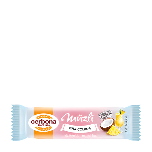 Cerbona Pina Colada flavor muesli bar packaging on a white background