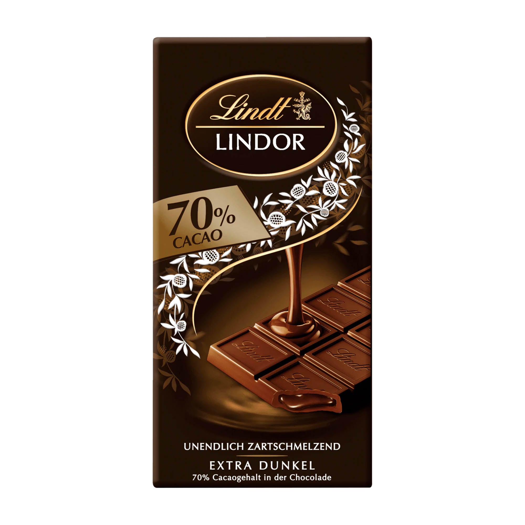 A bar of Lindt Lindor 70% extra dark chocolate, with the packaging displaying the Lindt logo, the percentage of 70% cocoa, and an image of the chocolate bar with a smooth melting cream filling.