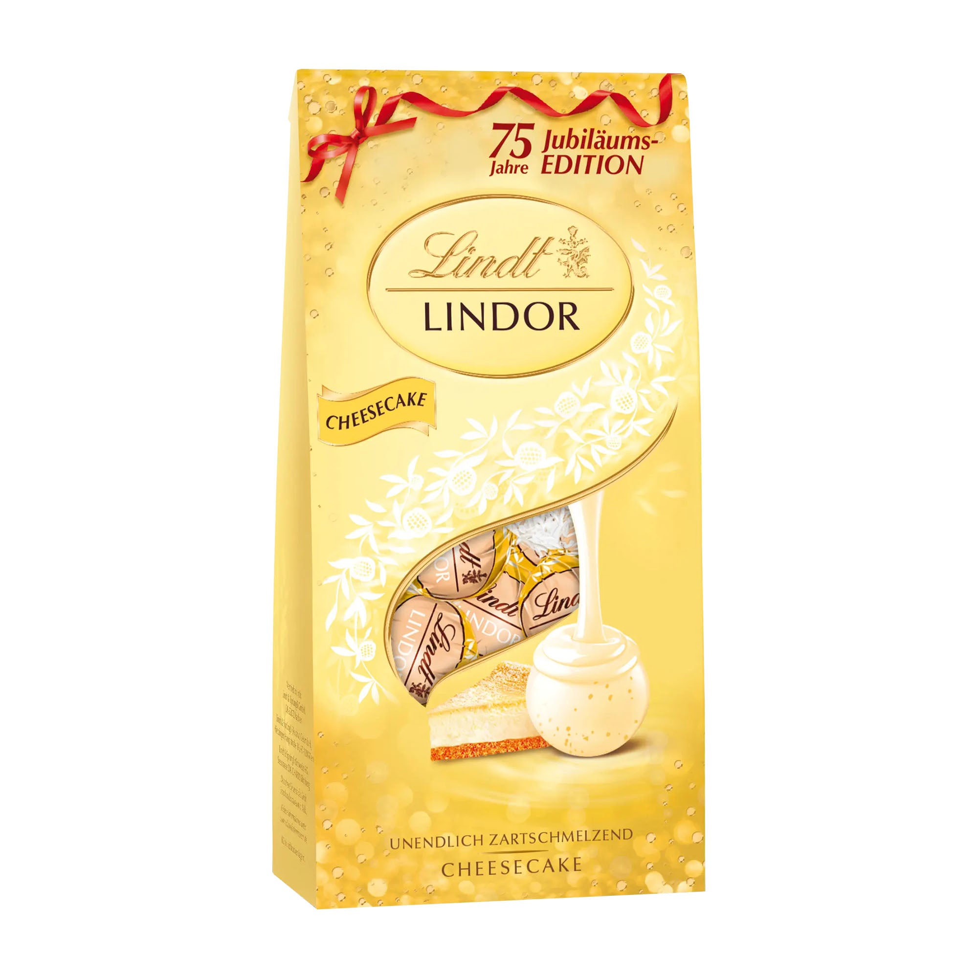 Lindt Lindor Cheesecake white chocolate balls packaging with yellow background