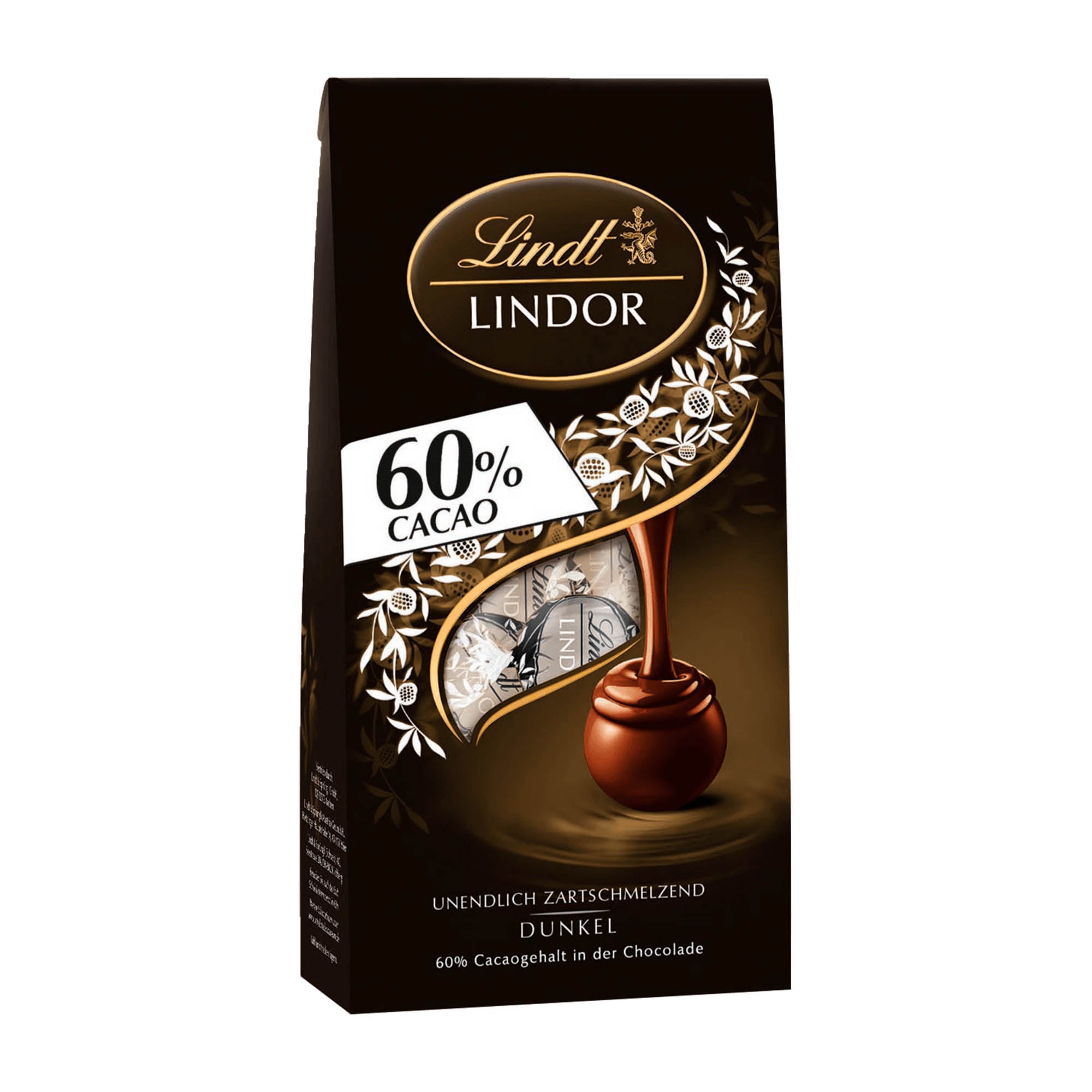 Packaging of Lindt Lindor 60% Dark Chocolate Balls, with an image of a chocolate ball and the cocoa percentage highlighted.