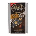 A package of Lindt Lindor 70% Dark Chocolate Balls with an image of the chocolate balls and cocoa beans on the front.