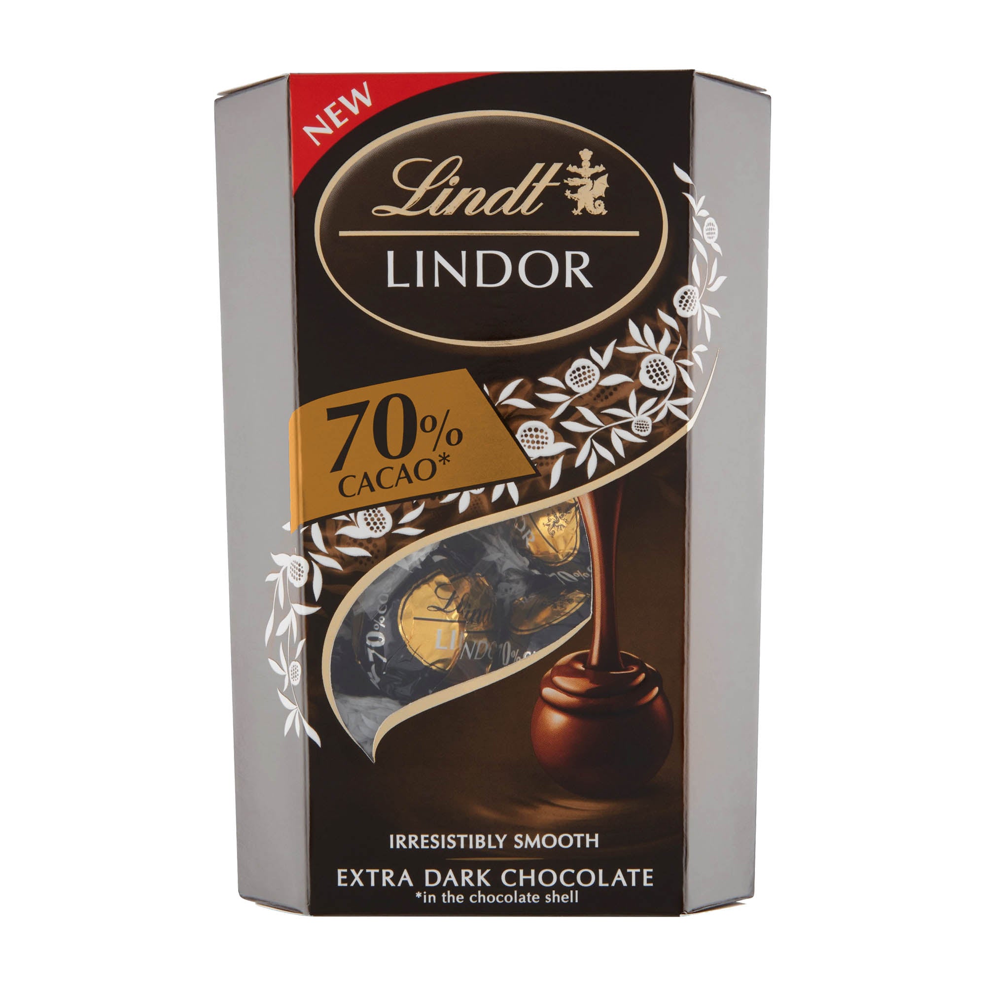 A package of Lindt Lindor 70% Dark Chocolate Balls with an image of the chocolate balls and cocoa beans on the front.