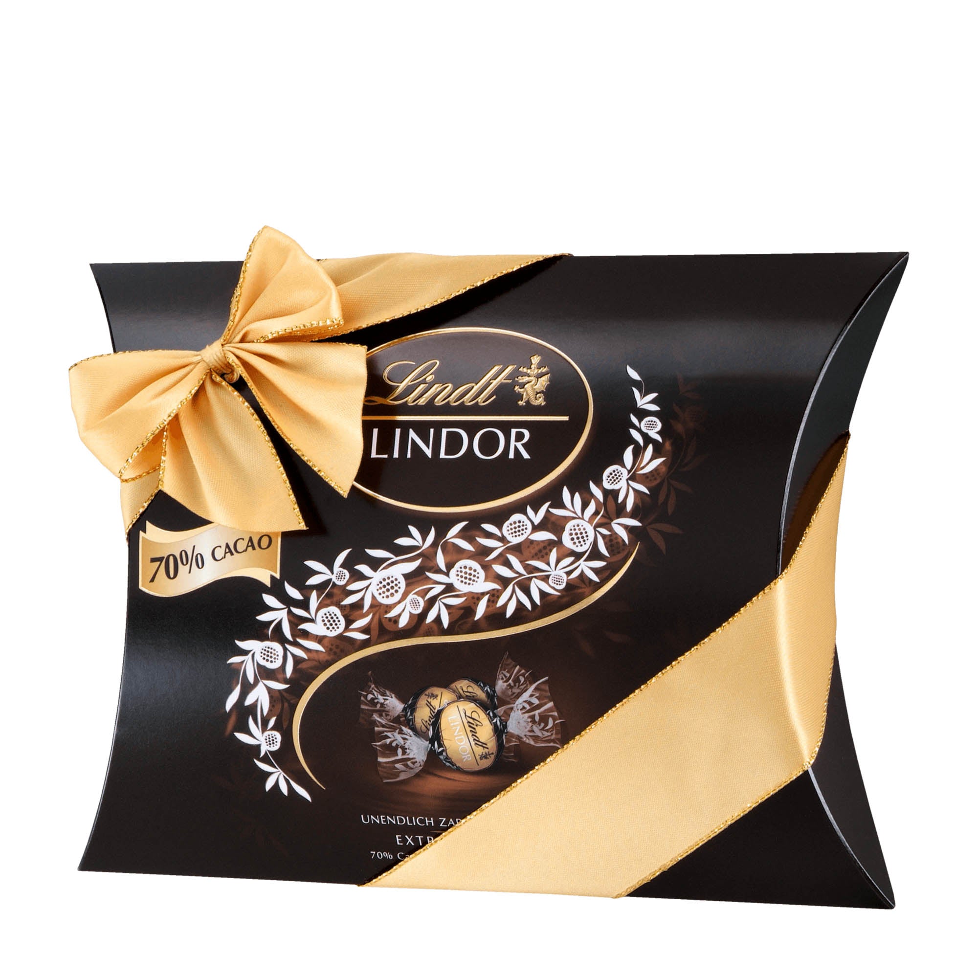 A Lindt Lindor pillow pack with 70% dark chocolate balls, featuring a black and gold color scheme with a decorative ribbon and chocolate designs.