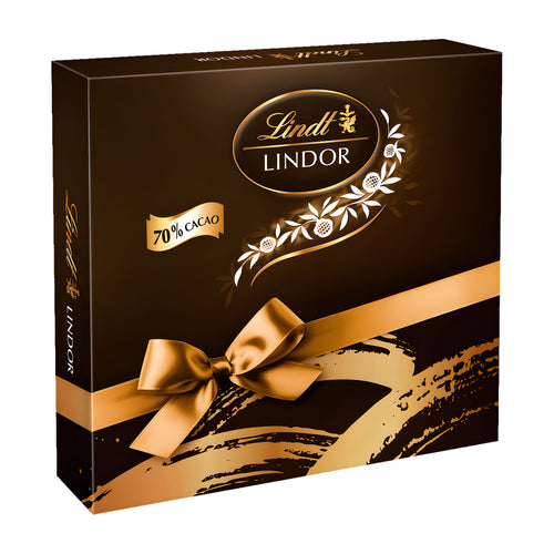 Lindt Lindor 70% Dark praline box with a gold bow on a white background