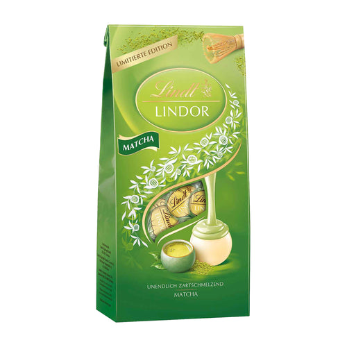 Lindt Lindor matcha pralines packaging on a white background