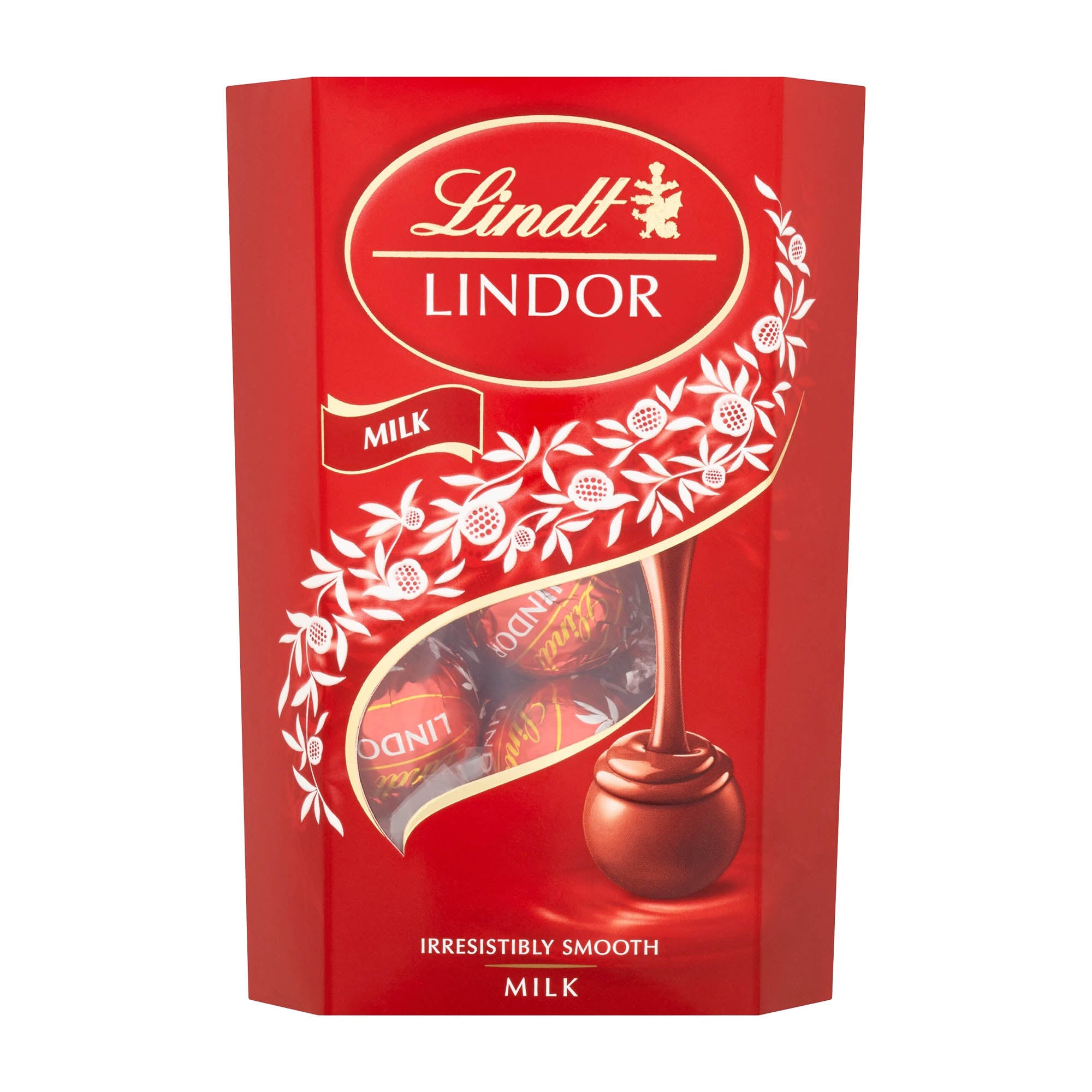 A package of Lindt Lindor Milk Chocolate Balls with a red and white design, showcasing the chocolate balls and the text 'IRRESISTIBLY SMOOTH MILK'.