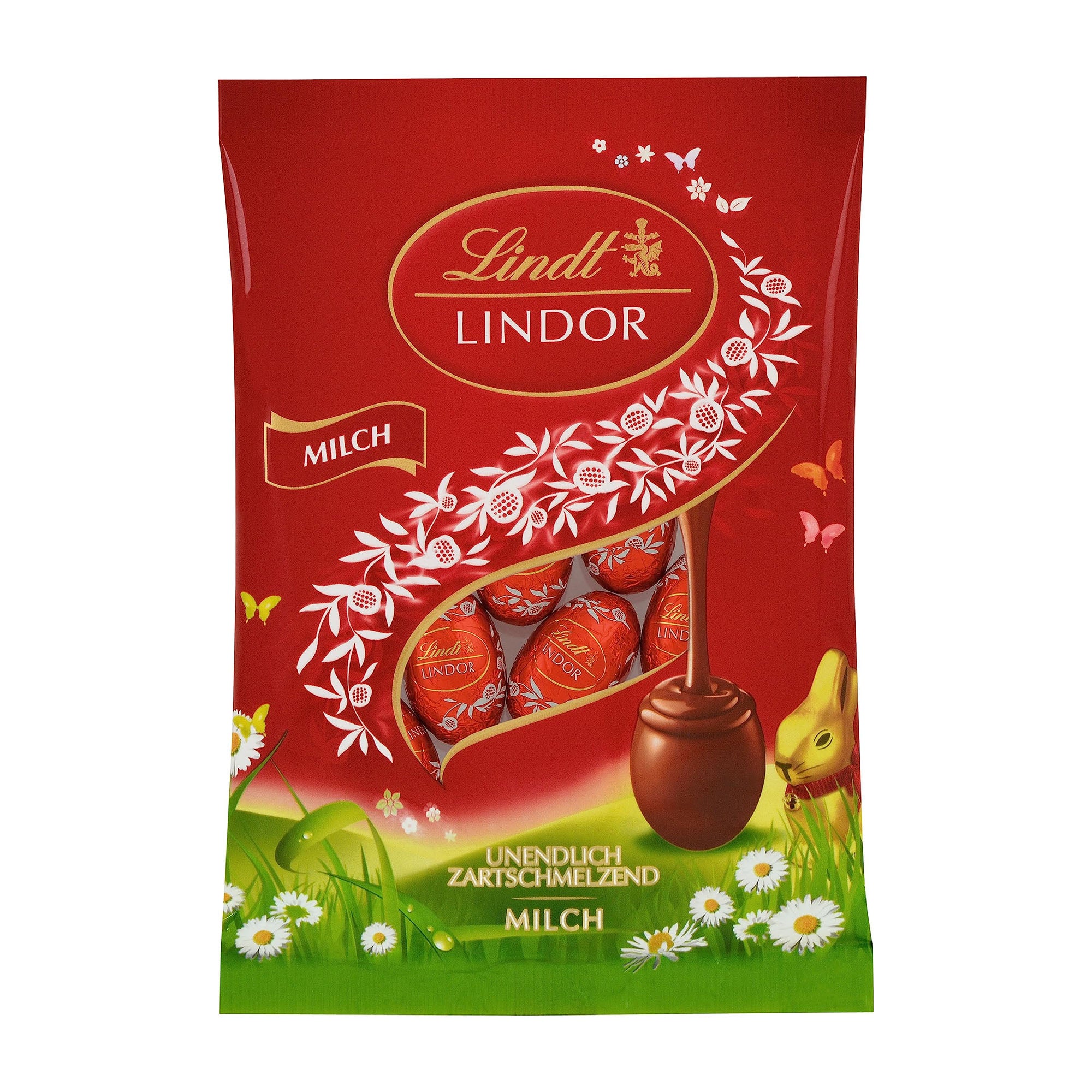 Lindt Lindor Milk Chocolate Mini Eggs packaging on a white background.