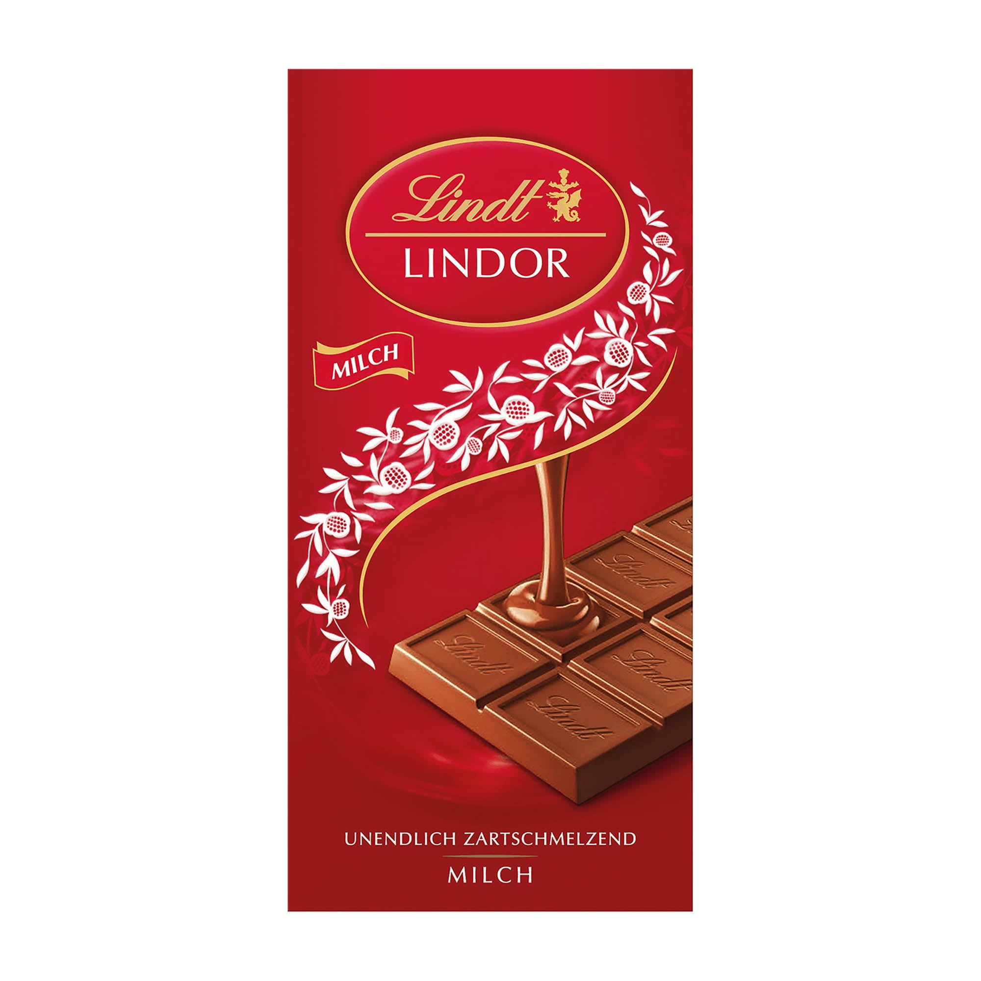 Packaging of Lindt Lindor milk chocolate bar showing a piece of milk chocolate with a smooth melting filling on a red background with white flowers.