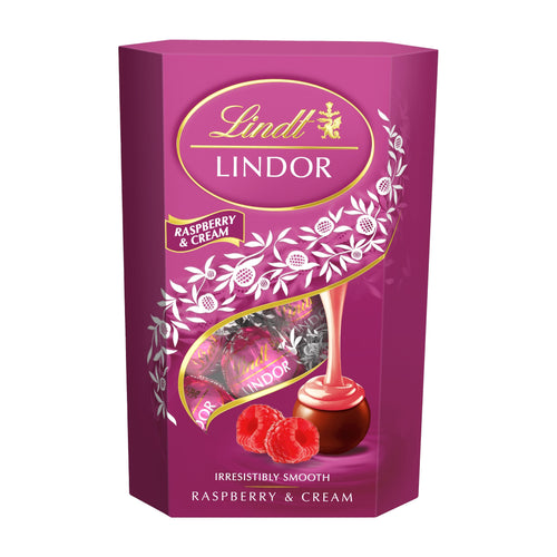 Lindt Lindor Raspberry & Cream chocolate pralines packaging on a white background
