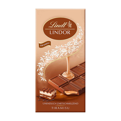 Lindt Lindor Tiramisu milk chocolate bar packaging on a white background
