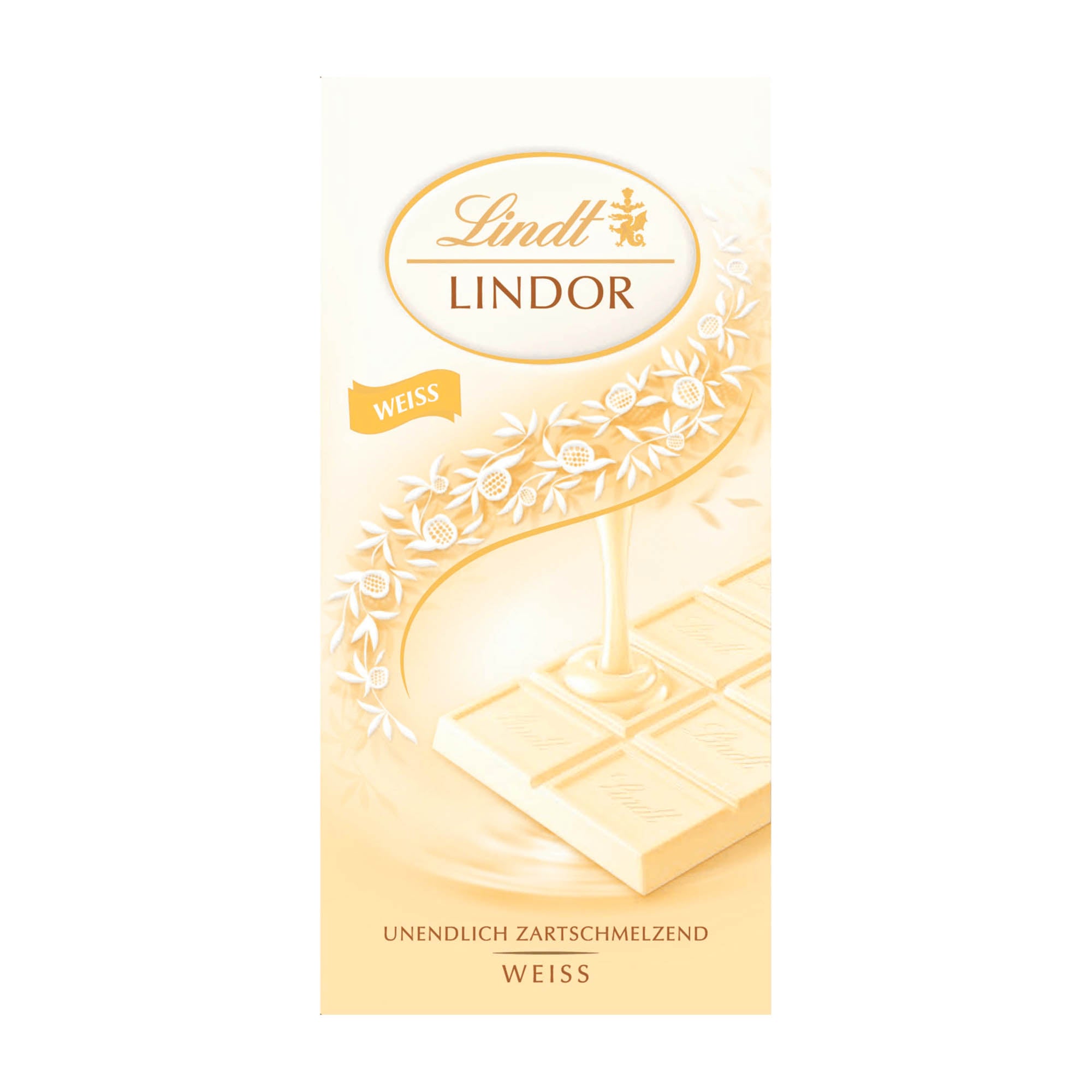 Packaging of Lindt Lindor white chocolate bar, 100 g, displaying the brand logo and product name